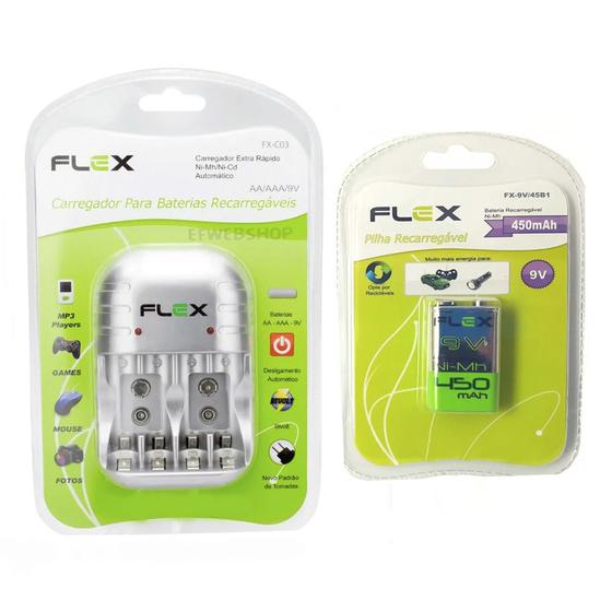 Imagem de Carregador de Pilhas Flex C03 Com 1 Bateria 9v 450 mah Recarregável FX-9V/450