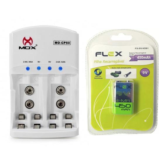 Imagem de Carregador de Pilhas Mox Cp50 Com 1 Bateria Flex 9v 450 mah Recarregável FX-9V/450