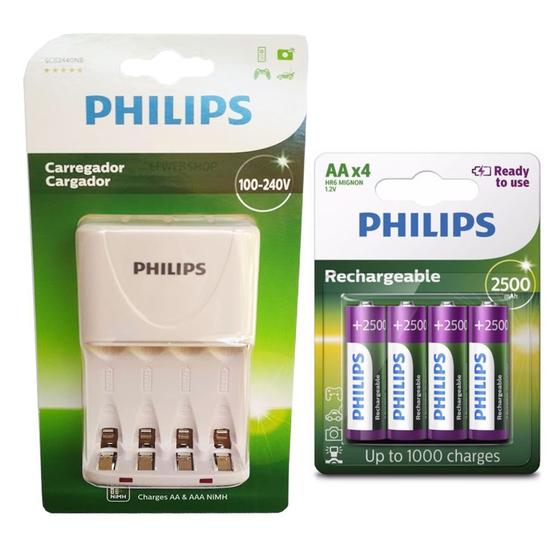 Imagem de Carregador de Pilhas Philips com 4 Pilhas Aa 2500 mAh Recarregáveis RTU Bivolt Inmetro