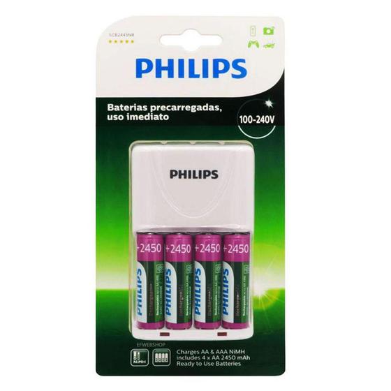 Imagem de Carregador de Pilhas Philips com 4 Pilhas Aa Recarregáveis 2450mAh SCB2445NB Bivolt Branco