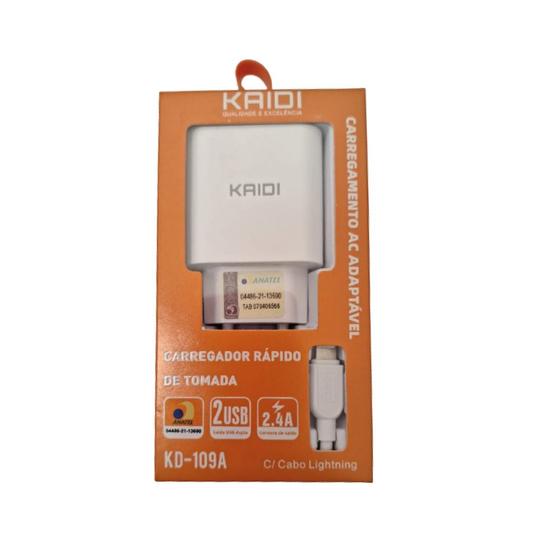 Imagem de Carregador de tomada rápido 2 Usb 2.4A com Cabo Tipo Lightning KAIDI 109A