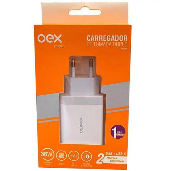 Imagem de Carregador de Tomada Turbo com Entrada USB e USB-C 36W OEX CG203