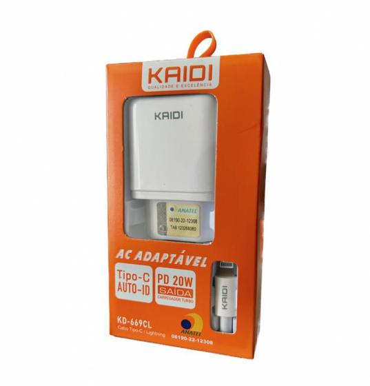 Carregador de Tomada Turbo KAIDI- CABO TIPO C/ LIGHTNING KD-669CL Menor preço em Carregador de Tomada Turbo KAIDI- CABO TIPO C/ LIGHTNING KD-669CL