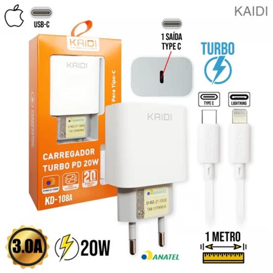 Carregador de Tomada Turbo Saída PD Type C 3.0A 20W + Cabo Lightning x Type C 1m KD-108A Kaidi Menor preço em Carregador de Tomada Turbo Saída PD Type C 3.0A 20W + Cabo Lightning x Type C 1m KD-108A Kaidi