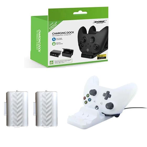 Imagem de Carregador Duplo Branco Compatível com Controle Manete Console Xbox One Series S/X + 2 Baterias Brancas Recarregáveis 