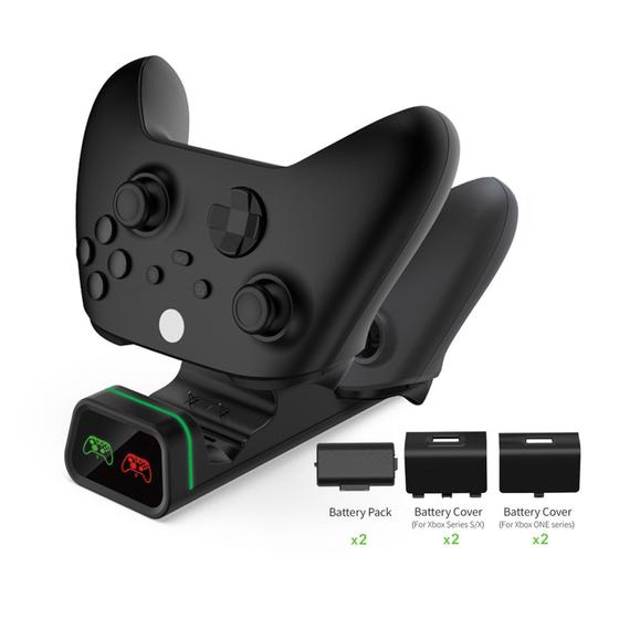 Imagem de Carregador Duplo C/ Led Compatível Com Xbox Series Xbox One C/ 2 Baterias + 4 Tampas