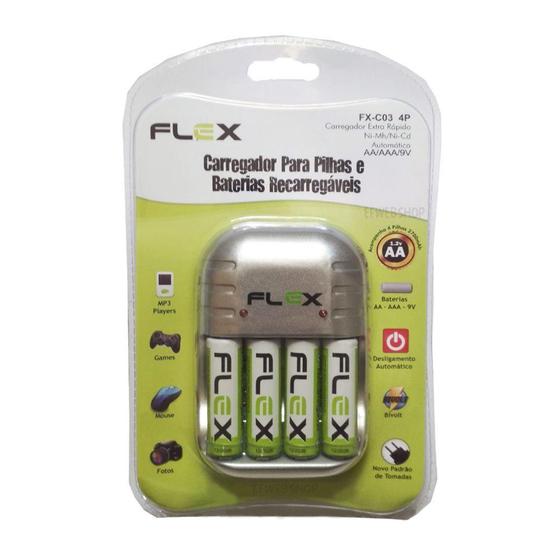 Imagem de Carregador Flex com 4 pilhas AA 2900 mAh Recarregáveis Bivolt e Led FX-C03/4P