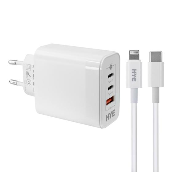 Imagem de Carregador Hye HYEC79L - 65W - 2X Tipo c/USB - Cabo Tipo c/Lightning - Bivolt - Branco