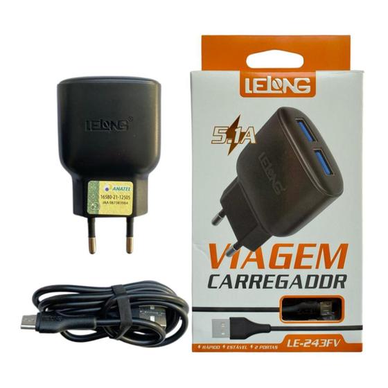 Imagem de Carregador Para Celular Com 2 Portas USB + Cabo Micro USB V8 - Lelong