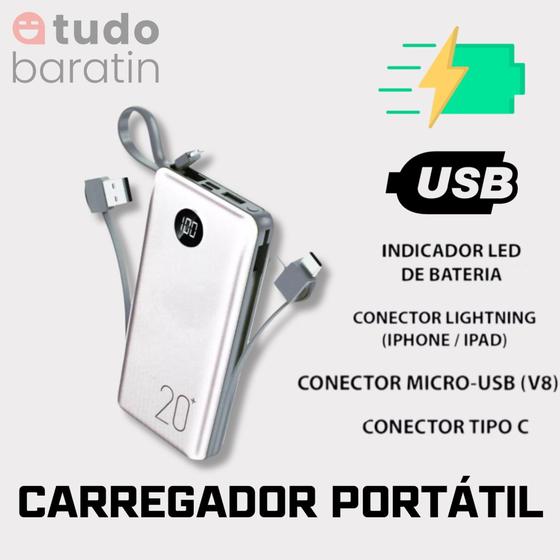 Imagem de Carregador Portátil Turbo Rápido Power  20000 mah Celular Carrega USB Tipo C Cabos Lightning 