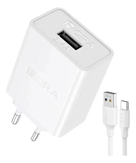 Imagem de Carregador Rápido 2.4A Branco 1Hora GAR142  Com Cabo USB A/C Incluso