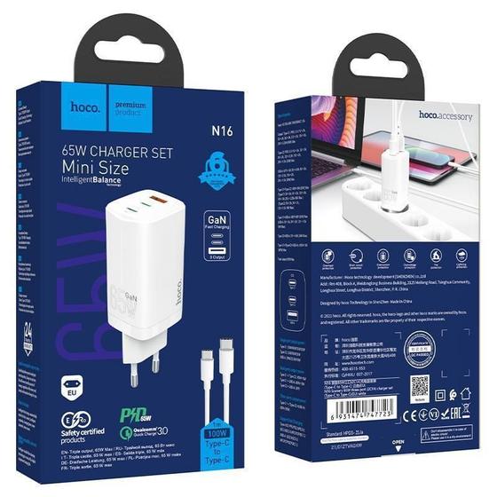 Imagem de Carregador Rápido 65W Hoco. Gan Pd 2 Usb-C 1 Usb-C Portátil