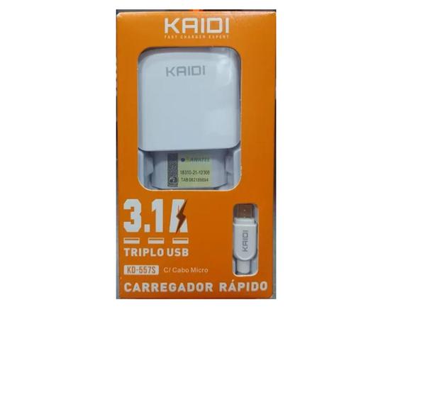 Imagem de Carregador Rápido Kaidi 3.1a Triplo Usb C/cabo Micro V8