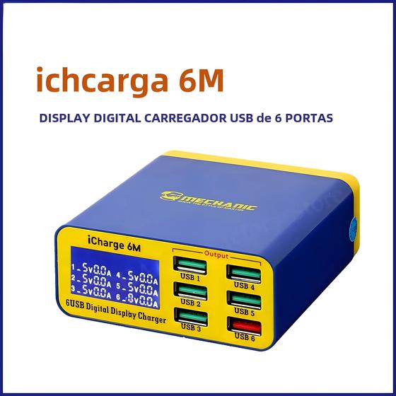 Imagem de Carregador Rápido USB Mechanic ICharge - 6 Portas, Display Digital Inteligente