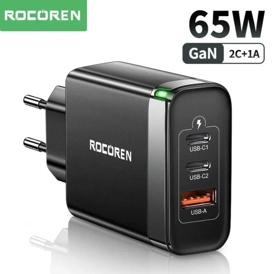 Imagem de Carregador Rocoren 65W Gan Usb (2C + 1A) Qc 4.0 Pd 3.0