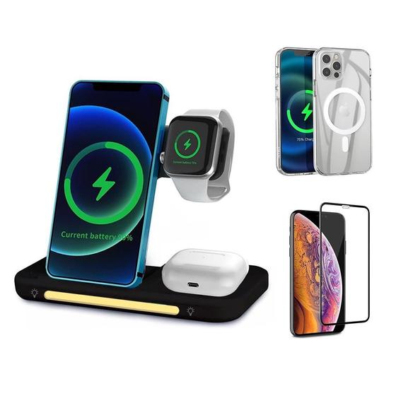Imagem de Carregador Sem Fio 3 em 1 Indução + Capinha Magnética Magsafe + Película Compatível Com Iphone