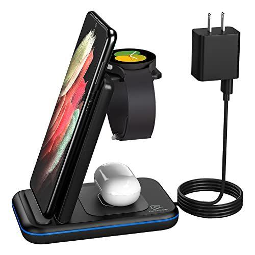 Imagem de Carregador sem fio para Samsung, HOLYJOY 3 em 1 estação de carregamento rápido / Dock compatível com Samsung Galaxy S22 / S21 / S20 / Note 20 / Note 10, Galaxy Watch 5 / 4 / 3 / Active 2 / 1 / LTE, Buds + / Live (Preto)