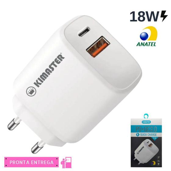 Imagem de Carregador Tomada Turbo 18W PD + QC3.0 1 Usb-C + 1 Usb Branca Kimaster T110