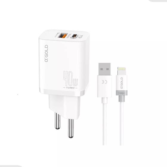 Imagem de Carregador Turbo 40W + Cabo Lightning para USB-C Compatível Iphone 11 12 13  14 Pro Max X XR XS - Power Adapter