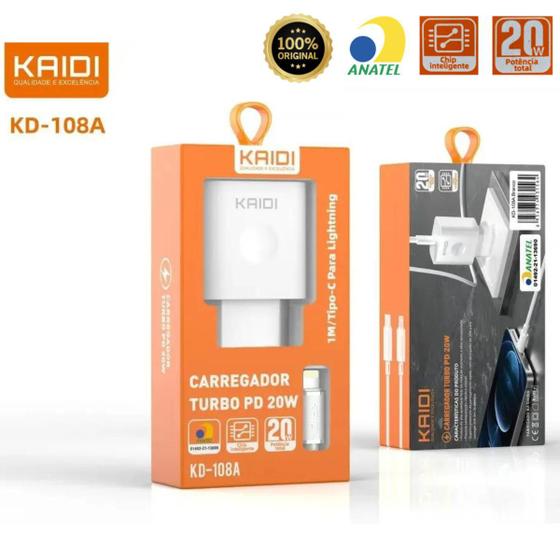 Carregador Turbo Fonte + Cabo 20W Tipo-C Compatível com iPhone SE X XR 7/8 7/8 Plus 11 12 13 14 Plus Original KAIDI Menor preço em Carregador Turbo Fonte + Cabo 20W Tipo-C Compatível com iPhone SE X XR 7/8 7/8 Plus 11 12 13 14 Plus Original KAIDI
