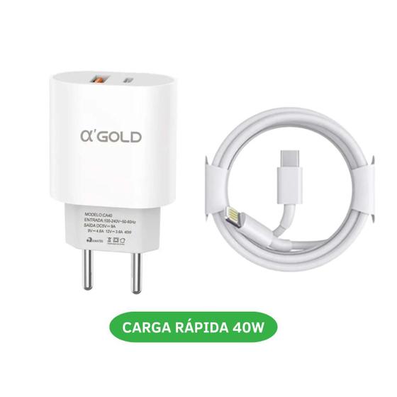 Imagem de Carregador Turbo iPhone Fonte 40w Duplo Usb-c + Cabo Lightning Compatível 11 12 13 Pro Max X XR XS