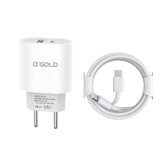 Carregador Turbo iPhone Fonte 40w Duplo Usb-c + Cabo Lightning Compatível 11 12 13 Pro Max X XR XS - agold Imagem de Carregador Turbo iPhone Fonte 40w Duplo Usb-c + Cabo Lightning Compatível 11 12 13 Pro Max X XR XS