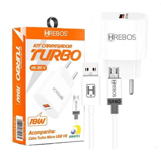 Imagem de Carregador Turbo Usb Para Micro Usb V8 Anatel Universal - HREBOS