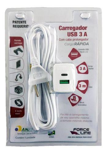 Imagem de Carregador Usb-a E Usb-c C/ Prolongador 3m Branco Forceline