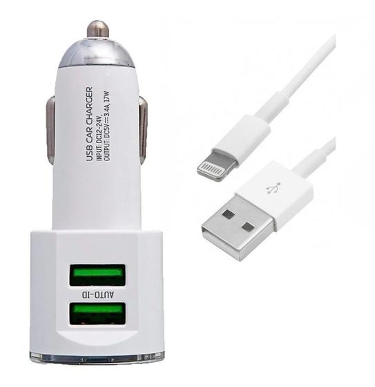 Carregador Veicular 2 USB + Cabo Lightning Turbo 3.4a para iOS iphone ...