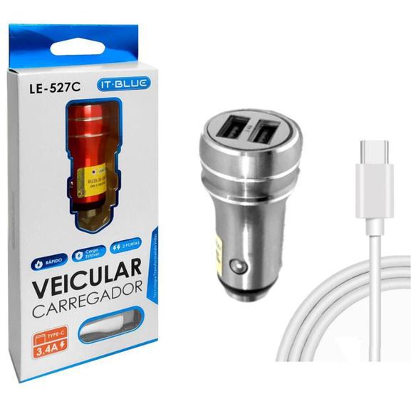 Imagem de Carregador Veicular Rápido IT Blue 2 Portas USB e cabo Tipo C