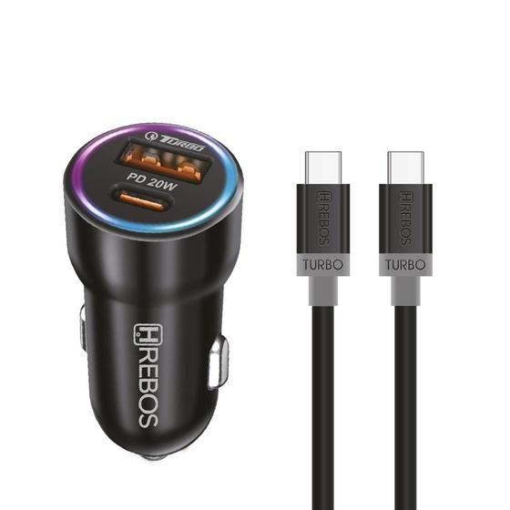 Imagem de Carregador veicular turbo pd 20w usb+tipo-c c/ cabo  tipo-c