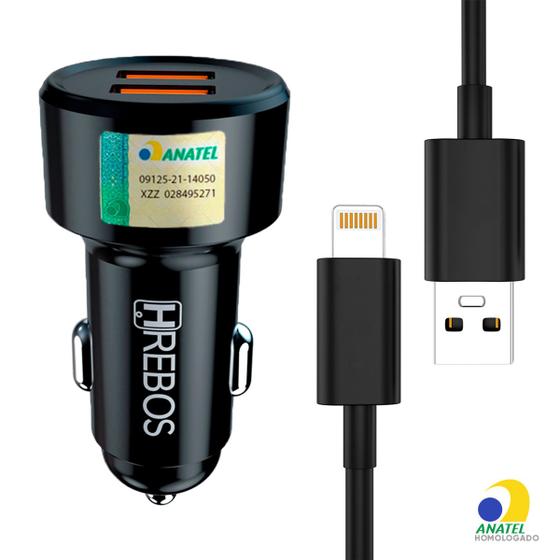 Imagem de Carregador Veicular Turbo USB Duplo para Carro com Cabo Lightning 1M Preto