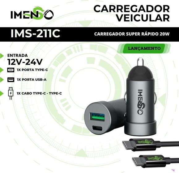 Imagem de Carregador Veicular Usb Tipo C 20W Super Rapido 12v 24v + Cabo Tipo C IMS-211C