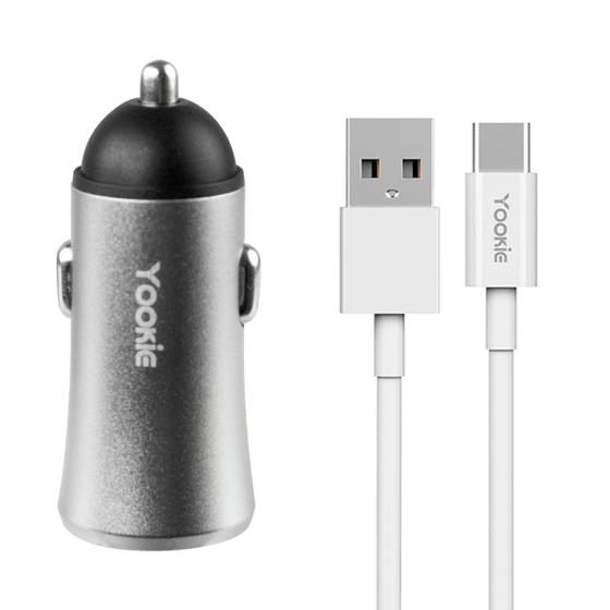 Imagem de Carregador Veicular Yookie PC1 - 2X USB - com Cabo USB Tipo C - 2.4A - Prata