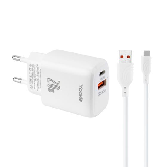 Imagem de Carregador Yookie EI3Y - 20W - USB/Tipo C - Cabo Tipo C - Bivolt - Branco