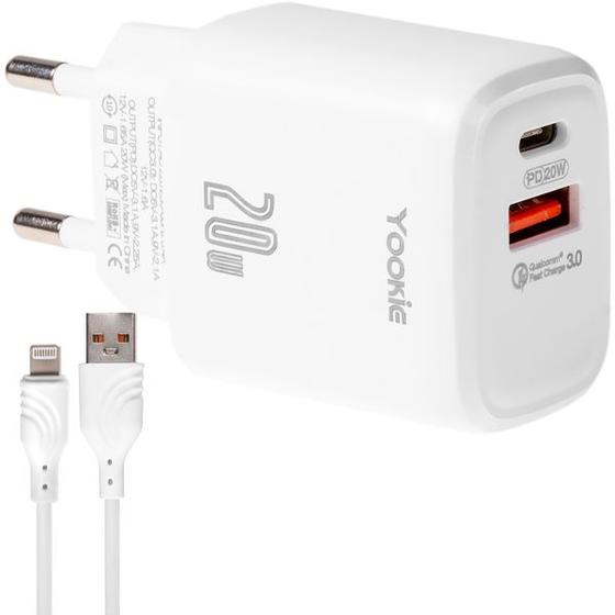 Imagem de Carregador Yookie EI3Y USB/USB-C de 20 Watts + Cabo Lightning