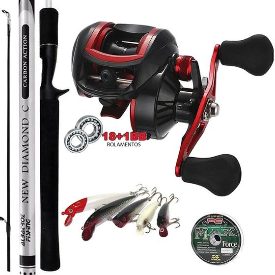 Imagem de Carretilha Drag 8Kg Vara Carbono 1,68mts Linha Multi com Kit 5 Isca Hunter Pega Tudo