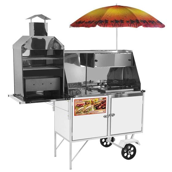 Imagem de Carrinho 3 em 1 Cefaz Hot Dog, Lanche Churrasco Luxo Branco Rodas Maciças e Guarda Sol BLC11M/GS