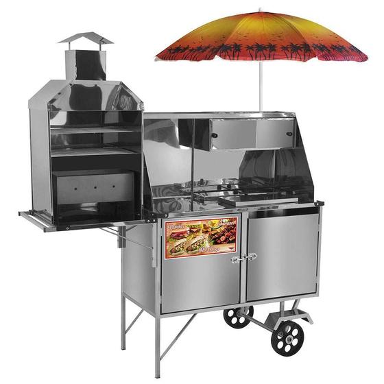 Imagem de Carrinho 3 em 1 Cefaz Hot Dog, Lanche e Churrasco Luxo Inox Rodas Maciças e Guarda Sol LC11M/GS