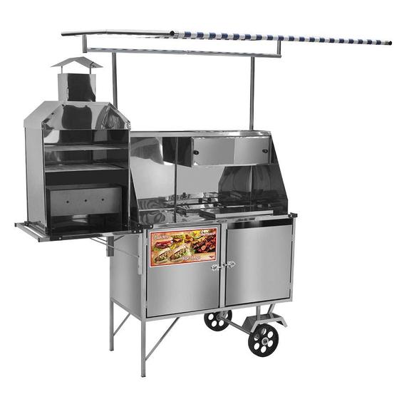 Imagem de Carrinho 3 em 1 Cefaz Hot Dog, Lanche e Churrasco Luxo Inox Rodas Maciças e Toldo LC11M/T