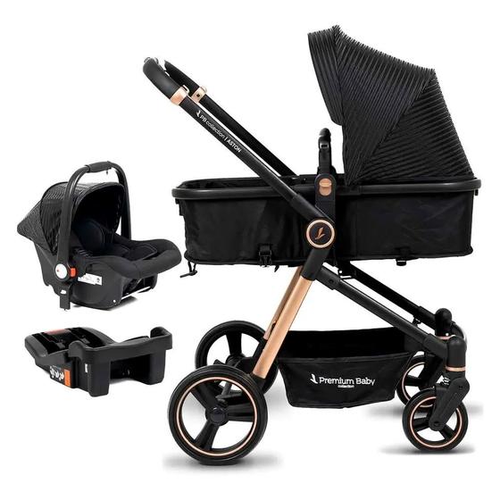 Carrinho de Bebe Premium Baby Bebê Conforto Aston Preto e Gold