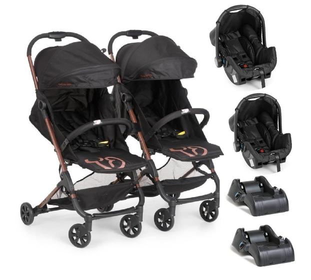 Carrinho de Bebe Galzerano Bebê Conforto Gêmeos Duolee Preto e Cobre