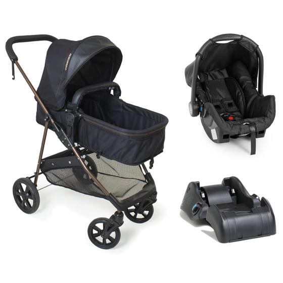 Imagem de Carrinho Bebê Galzerano Napoli 3 em 1 Berço Passeio Moisés Bebê Conforto Grid Travel System TRIO Reclinável Dobrável Viagem 15Kg Preto Base para Carro