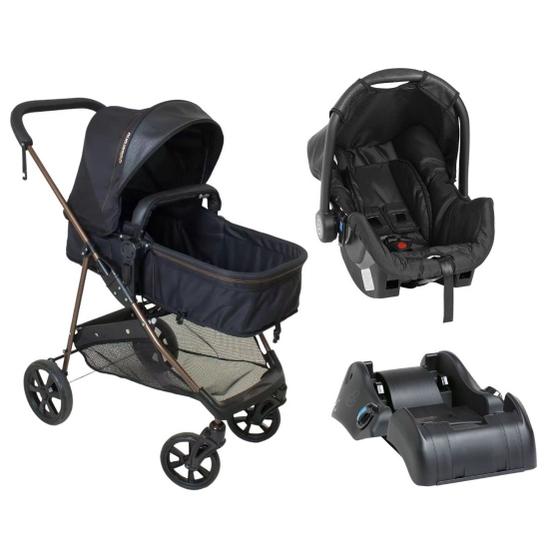 Imagem de Carrinho de Bebê com Moises Napoli Trio Preto Cobre com Bebê Conforto Grid e Base Galzerano