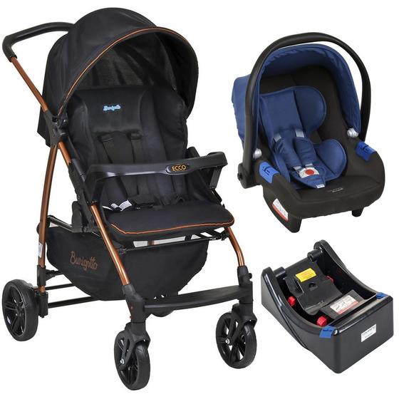 Imagem de Carrinho de Bebê Ecco Preto Cobre Bebê Conforto Azul e Base