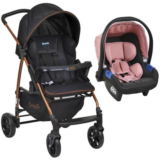 Imagem de Carrinho De Bebê Ecco Preto Cobre E Bebê Conforto Rosa Cinza