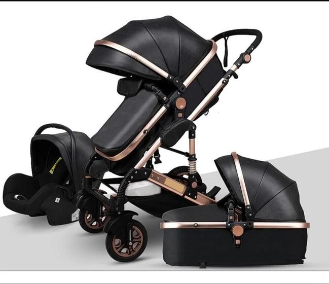Imagem de Carrinho De Bebê Europeu Luxo 3 em 1 com Amortecedor + Moisés Berço + Bebê Conforto