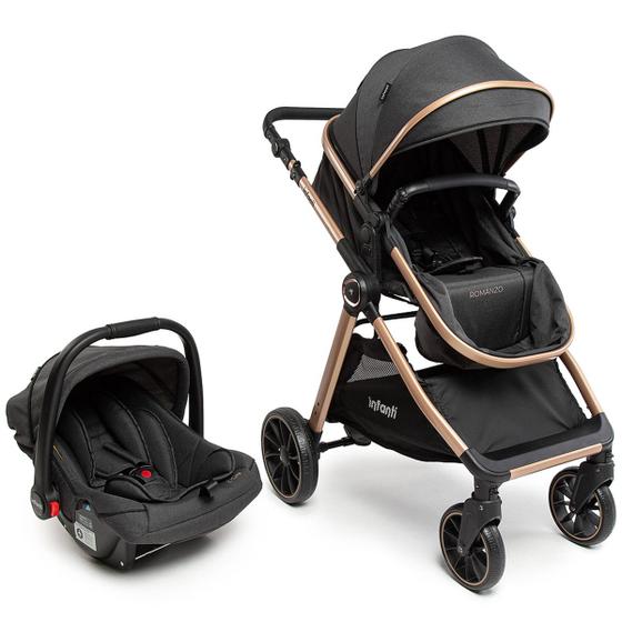 Imagem de Carrinho de Bebê Infanti Romanzo 2 em 1 Berço Passeio Moisés com Bebê Conforto DUO Reclinável Leve Compacto Dobrável Para Viagem 0-15 Kg Preto Bronze