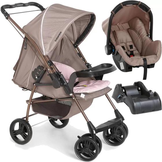 Imagem de Carrinho de Bebê Passeio Berço Reversível 0 a 15Kg Milano Rosa Cappuccino com Bebê Conforto Grid  e Base para Automóvel 