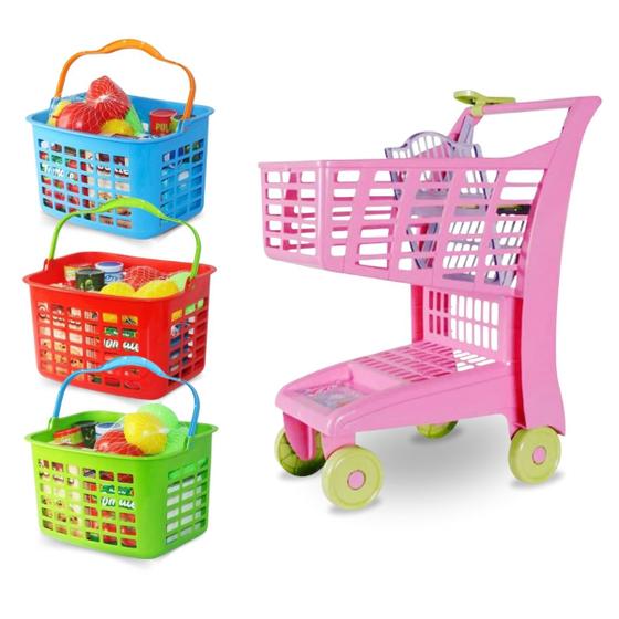 Imagem de Carrinho de Compras Supermercado Com Acessórios Infantil Assento para Boneca Frutas